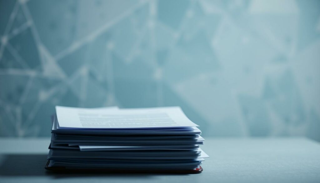 A clean, minimalist arrangement of the essential documents required to set up a TikTok Shop in France. Crisp studio lighting highlights a neat stack of folders, papers, and forms against a soft, blurred background in shades of blue and gray, conveying a sense of professionalism and organization. The composition emphasizes the necessary paperwork, suggesting the administrative details involved in establishing a successful TikTok business presence. The overall mood is one of efficiency and attention to detail, reflecting the preparatory steps needed to create a TikTok Shop.