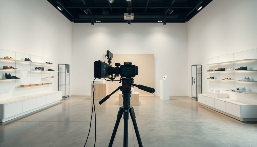 A minimalist, modern studio setup for a TikTok Shop live broadcast. A well-lit, spacious room with clean white walls and a smooth concrete floor. In the center, a professional-grade tripod-mounted camera and microphone, ready to capture high-quality video. Surrounding the camera, an array of neatly arranged product displays, including sleek shelves, simple product stands, and a neutral-toned backdrop to showcase the merchandise. Soft, diffused lighting from above illuminates the scene, creating an inviting, professional atmosphere. The overall composition emphasizes simplicity, functionality, and a focus on the products, creating an optimal environment for an engaging, high-quality TikTok Shop live stream.