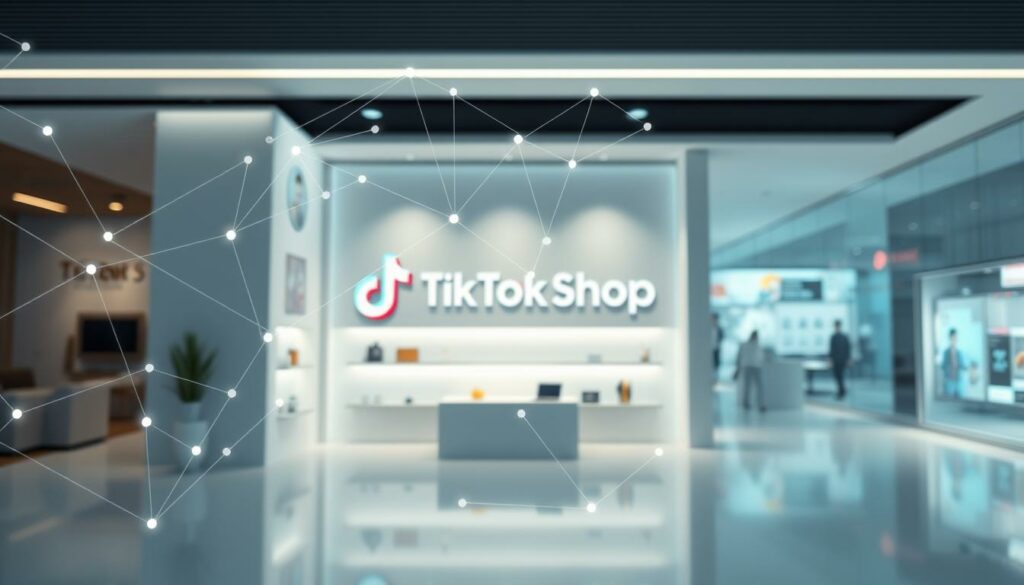 A modern, minimalist visual representation of the TikTok Shop algorithm. In the foreground, a sleek, abstract data visualization of the algorithmic process, with geometric shapes and lines elegantly intertwined. The middle ground features a simple, clean TikTok Shop-themed environment, with subtle product placements and a neutral color palette. The background showcases a soft, blurred perspective of a bustling e-commerce landscape, hinting at the broader context in which the algorithm operates. The overall mood is one of sophistication, efficiency, and technological prowess, capturing the essence of the TikTok Shop algorithmic system.