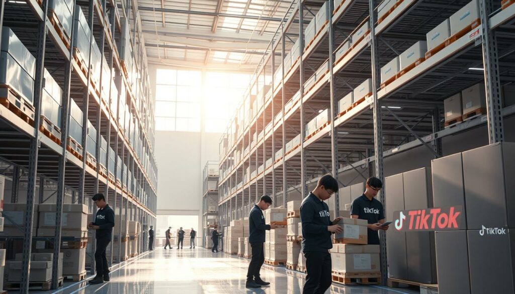 A pristine white warehouse interior with sleek metal shelving and robotic storage systems. Sunlight streams through large windows, casting a warm glow on the meticulously organized logistics operations. In the foreground, a team of efficient TikTok-branded delivery workers carefully package and label products, their movements choreographed for maximum productivity. The overall atmosphere radiates a sense of streamlined efficiency and technological sophistication, befitting the "Fulfilled by TikTok" logistics services.