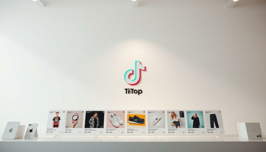 A sleek and minimalist e-commerce display showcasing the TikTok Shop France interface. In the foreground, an array of product images and pricing details are neatly arranged, reflecting the clean and modern aesthetic of the platform. The middle ground features a stylized TikTok logo, subtly hinting at the platform's integration. The background is a soft, neutral-toned gradient, creating a sense of depth and emphasis on the central elements. Sophisticated lighting accentuates the product visuals, while a high-quality camera angle captures the layout with precision. The overall mood is one of digital elegance and user-friendly functionality, befitting the TikTok Shop experience.