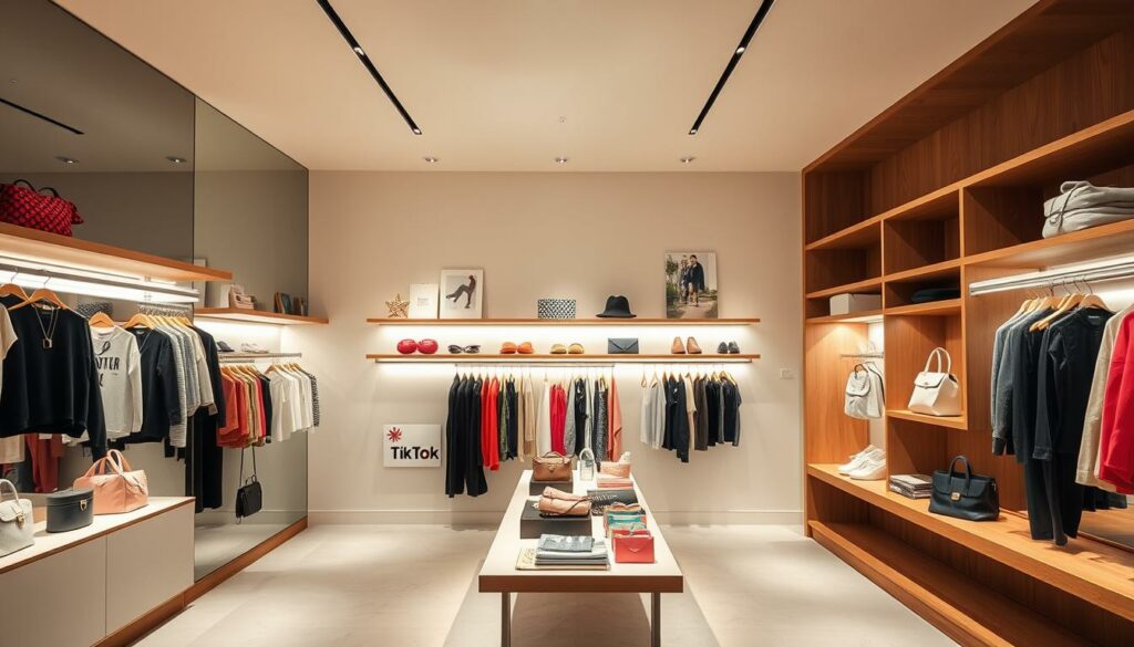 A sleek, minimalist boutique interior showcasing the latest TikTok Shop offerings in France. Soft lighting illuminates a well-curated display of trendy fashion and lifestyle products, their clean lines and vibrant colors accentuated by the modern, airy space. Wooden shelves and a neutral color palette create a calm, inviting ambiance, while strategically placed mirrors and angles offer a sense of depth and sophistication. The overall scene conveys a seamless blend of e-commerce and physical retail, enticing potential customers to discover and explore the TikTok Shop experience.