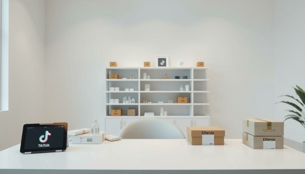 A sleek, minimalist e-commerce scene showcasing the configuration of a TikTok Shop return address in France. The foreground depicts a neatly organized desk with a tablet, product packaging, and shipping labels. The middle ground features a clean, white shelving unit displaying various products. The background has a subtle TikTok-inspired color scheme, with a soft, diffused lighting creating a modern, professional atmosphere. The overall composition emphasizes the simplicity and efficiency of the return setup process for a TikTok Shop in France.