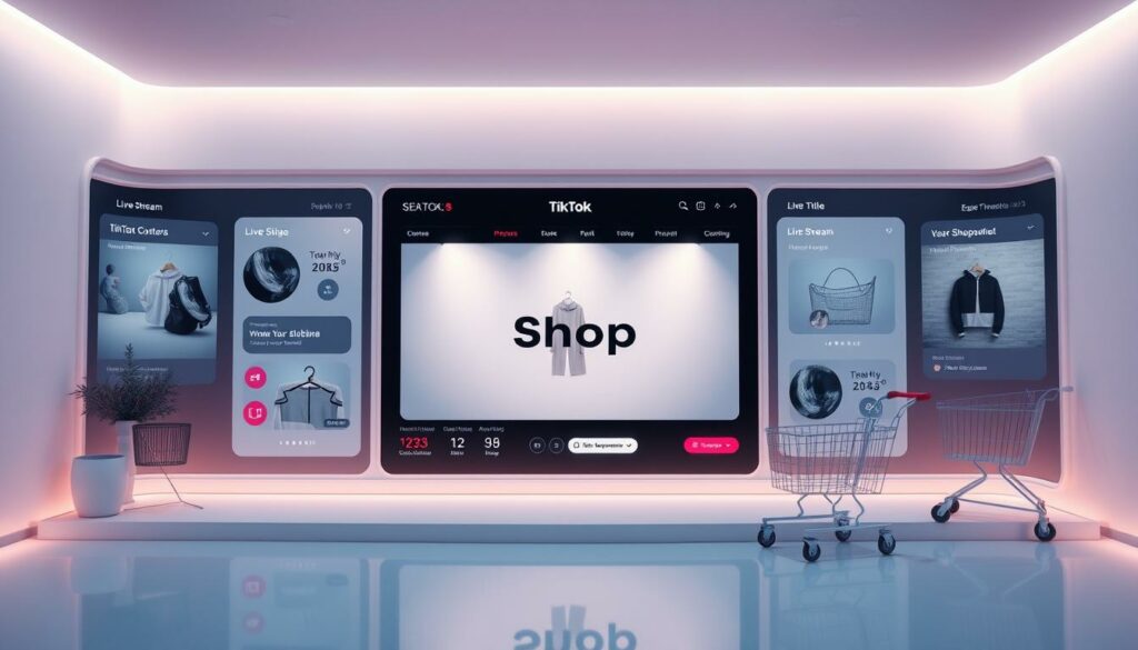 A sleek, minimalist interface showcasing the TikTok Shop platform. A central product display with clean typography and soft lighting, surrounded by interactive UI elements like live stream controls, shopping cart, and user engagement tools. The interface conveys a sense of modern, streamlined e-commerce, with a distinct TikTok-inspired aesthetic. The overall composition emphasizes the intuitive, immersive experience of live shopping on the TikTok platform.