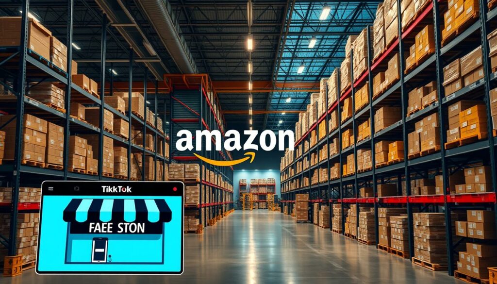 A sleek, modern Amazon FBA warehouse with efficient logistical systems, showcasing the brand's robust infrastructure and fulfillment capabilities. The scene depicts neatly stacked boxes, automated conveyor belts, and meticulously organized storage racks, all bathed in warm, directional lighting that highlights the precision and efficiency of Amazon's logistics. In the foreground, a stylized TikTok Shop interface contrasts with the industrial setting, hinting at the complementary strengths of the two platforms for online sellers. The overall composition emphasizes the advantages Amazon offers in terms of streamlined logistics and fulfillment, a key consideration for the article's subject matter.