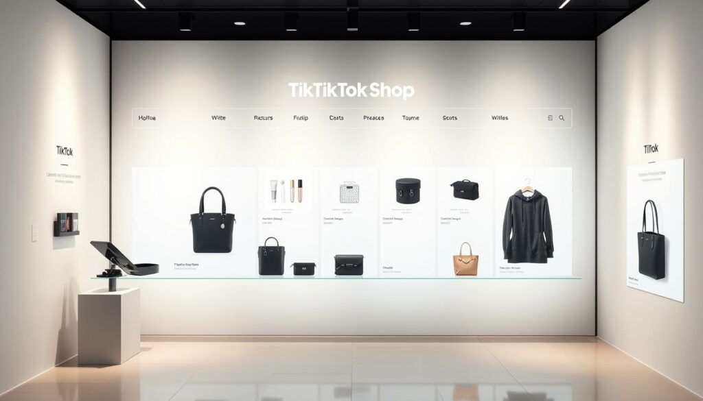 A sleek, modern e-commerce interface for TikTok Shop in France. The display showcases a range of products against a clean, minimalist background, with a focus on elegant typography and high-quality product imagery. The layout is intuitive and visually appealing, with clear navigation menus and subtle branding elements that complement the TikTok aesthetic. Soft, directional lighting accentuates the product details, creating a sense of depth and dimension. The overall mood is one of sophistication and digital elegance, inviting the user to explore the diverse product offerings with ease.