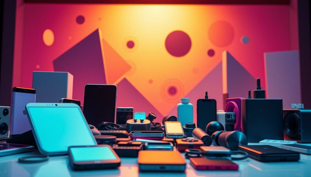 A vibrant and dynamic scene depicting TikTok influencer partnerships, showcasing the power of social media collaboration. In the foreground, a stylized arrangement of various mobile devices and electronic gadgets, representing the digital landscape of TikTok. The middle ground features abstract geometric shapes and patterns, alluding to the interconnectedness of influencer networks and the seamless integration of brands. The background is bathed in a warm, inviting glow, conveying the sense of opportunity and growth in the French TikTok e-commerce market. The overall composition is sleek, modern, and visually captivating, capturing the essence of leveraging influencer partnerships to drive sales.