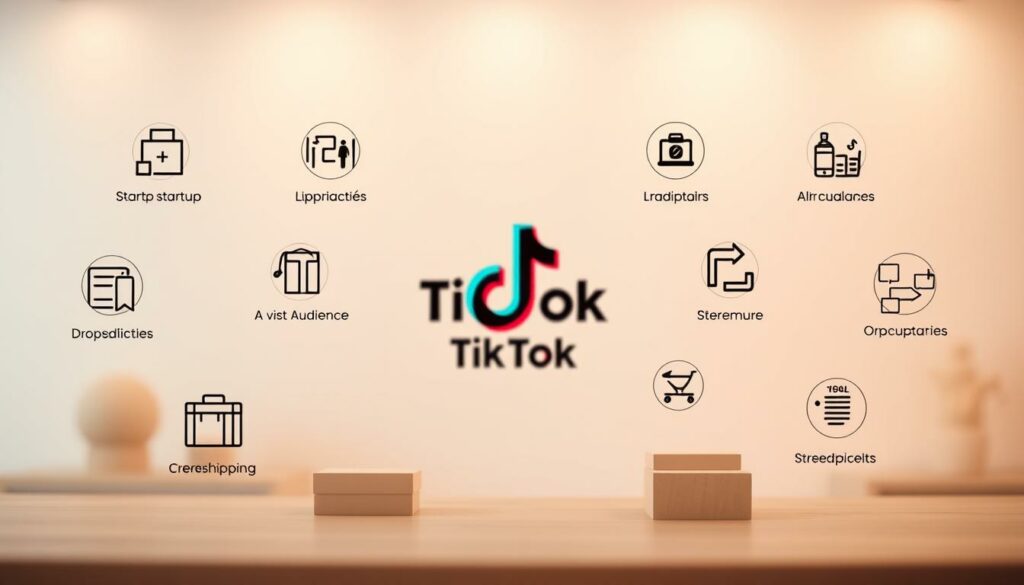 A modern e-commerce visual showcasing the advantages of dropshipping on TikTok Shop France. In the foreground, a minimalist display of various product icons and labels, each representing key benefits such as low startup costs, access to a vast audience, and streamlined logistics. The middle ground features a stylized TikTok logo, subtly integrated to reinforce the platform's connection to this dropshipping approach. The background is a soft, gradient-based color palette, lending a clean and contemporary aesthetic. Warm lighting and a shallow depth of field create a focused, professional atmosphere, emphasizing the subject matter. The overall composition is balanced and visually appealing, reflecting the advantages of this dropshipping strategy on the TikTok platform.