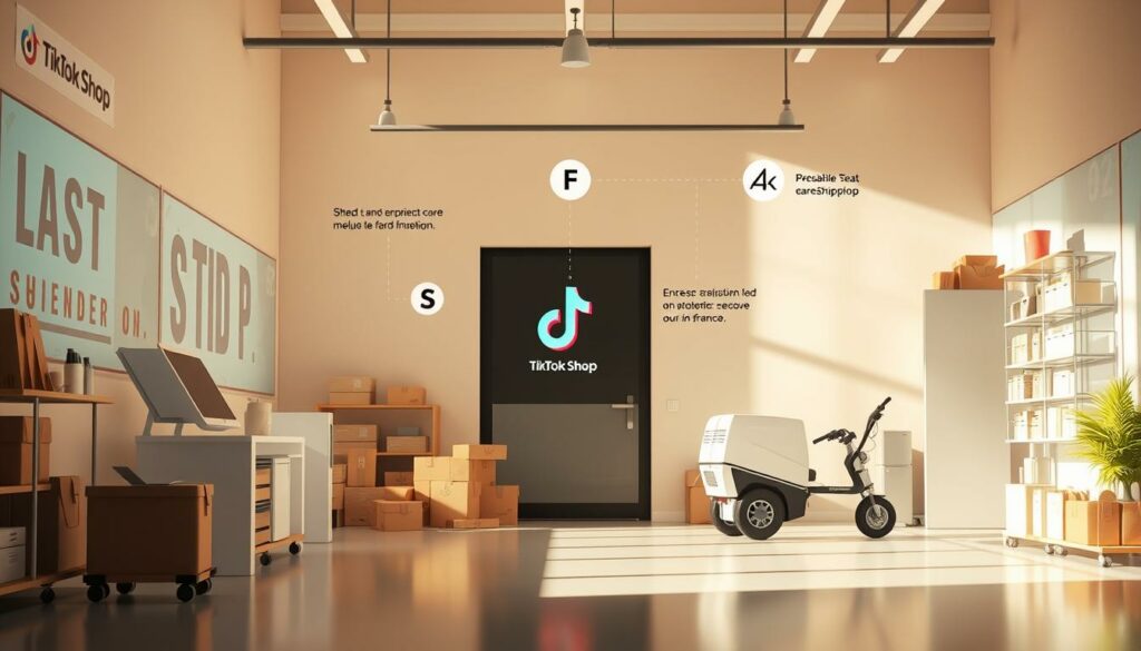 A professional and sleek e-commerce visual depicting the dropshipping process on the TikTok Shop platform in France. The image showcases a clean, minimalist design with a focus on the key steps involved - from product selection and order fulfillment to shipping and customer satisfaction. The scene is bathed in a warm, natural lighting that creates a sense of efficiency and reliability. The perspective is slightly elevated, allowing the viewer to observe the various elements in an organized, streamlined manner. Subtle texture and gradients add depth and sophistication to the overall composition, reflecting the modern, high-quality nature of the TikTok Shop experience.