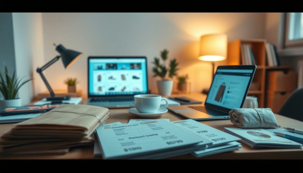 A cozy home office scene showcasing the process of preparing an online store's inventory and products. The foreground features neatly arranged product samples, price tags, and a laptop displaying a digital product database. The middle ground has a wooden desk with organizational tools, a cup of coffee, and a plant adding a touch of greenery. The background portrays a minimalist wall with warm lighting, creating a pleasant, focused atmosphere for e-commerce work. The overall mood is one of productivity, organization, and attention to detail, reflecting the TikTok Shop France theme and modern e-commerce visuals.