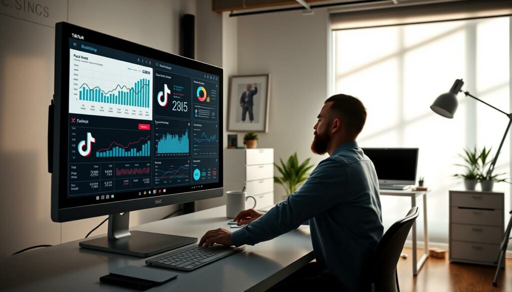 A professional TikTok Shop vendor analyzing sales metrics on a sleek desktop setup. The foreground showcases an ultramodern monitor displaying detailed analytics dashboards. In the middle ground, a minimalist, white workspace with a stylish laptop, contemporary decor, and carefully arranged office supplies. The background depicts a chic, light-filled studio space with neutral tones and clean lines, evoking a sense of focus and productivity. Cinematic lighting casts dramatic shadows, creating depth and emphasizing the vendor's engaged expression as they review performance data. The overall scene conveys a sophisticated, data-driven approach to the TikTok Shop business.