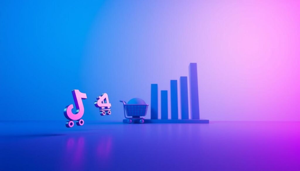 A stylish, minimalist composition capturing the essence of e-commerce profitability. A clean, modern aesthetic with a subtle TikTok Shop France theme. Vibrant gradients of blues and purples fill the frame, complemented by geometric shapes and lines. In the foreground, a trio of sleek, metallic 3D icons representing key e-commerce metrics - sales, revenue, and profit margin - float weightlessly. The middle ground features a simple, elegant bar chart visualizing growth trends. The background is a soft, atmospheric gradient, evoking a sense of technology and innovation. Dramatic, directional lighting casts dramatic shadows, adding depth and dynamism to the scene. The overall mood is one of sophistication, efficiency, and optimized e-commerce strategies.