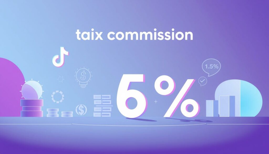A stylized digital illustration showcasing the concept of "taux commission" (commission rate) in the context of TikTok Shop France. The composition features a clean, minimalist layout with geometric shapes and gradients, conveying a modern e-commerce aesthetic. The foreground displays a prominent percentage value representing the commission rate, rendered in an elegant, data-driven typeface. The middle ground includes abstract financial icons and visual cues alluding to e-commerce metrics and profitability. The background features a subtle TikTok-inspired color palette and texture, creating a cohesive, on-brand visual theme. The overall mood is professional, informative, and designed to maximize the impact of the key message.