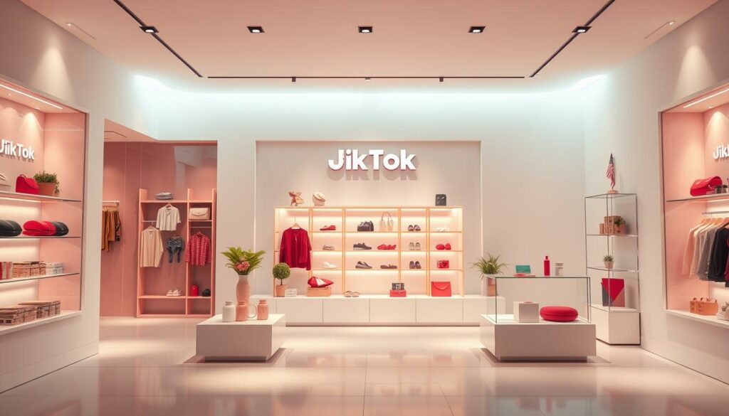 A vibrant digital storefront showcasing a sleek and modern marketing strategy. A minimalist layout with clean lines and a pastel color palette evokes a sense of sophistication. Geometric shapes and minimal iconography create a TikTok-inspired aesthetic, hinting at the dynamic nature of the e-commerce platform. The scene is bathed in a warm, diffused light, lending a sense of approachability and accessibility. Carefully curated product displays and interactive digital elements invite the viewer to explore and engage, reflecting the adaptability and responsiveness of the marketing approach.