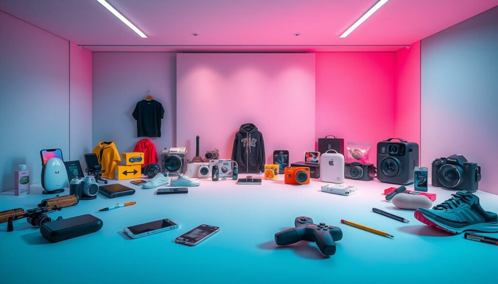 A visually captivating display of the latest trendy products featured on TikTok Shop France. The foreground showcases an artful arrangement of popular consumer goods - electronics, apparel, accessories, and lifestyle items. The middle ground features a minimalist, clean-lined backdrop, accentuating the products with gentle lighting and soft shadows. The background evokes a modern, digital atmosphere with subtle gradients and geometric patterns, evoking the dynamic, tech-savvy nature of the TikTok platform. The overall composition strikes a balance between showcasing the products and conveying the essence of the TikTok Shop aesthetic. A visually captivating display of the latest trendy products featured on TikTok Shop France. The foreground showcases an artful arrangement of popular consumer goods - electronics, apparel, accessories, and lifestyle items. The middle ground features a minimalist, clean-lined backdrop, accentuating the products with gentle lighting and soft shadows. The background evokes a modern, digital atmosphere with subtle gradients and geometric patterns, evoking the dynamic, tech-savvy nature of the TikTok platform. The overall composition strikes a balance between showcasing the products and conveying the essence of the TikTok Shop aesthetic.